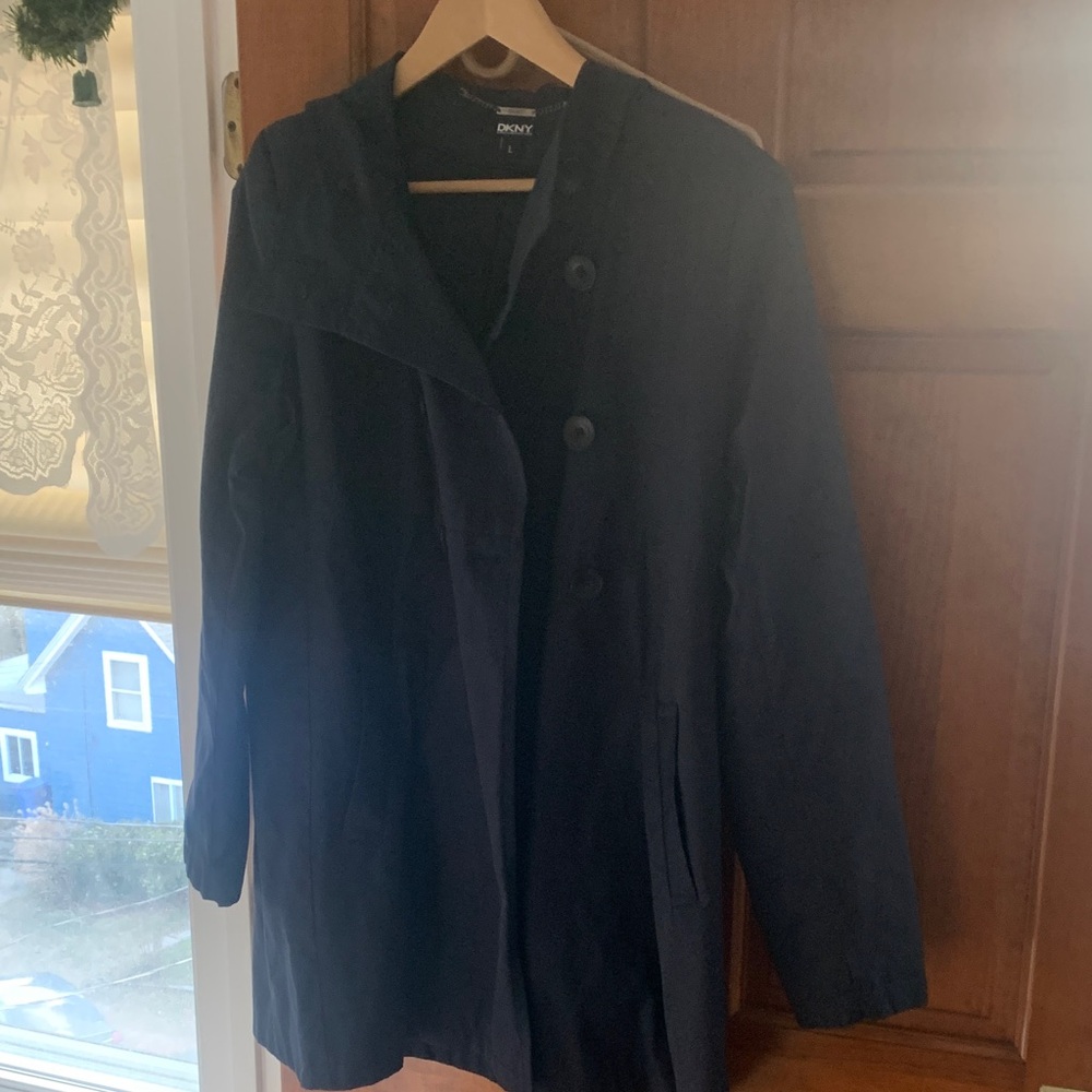 DKNY Women's blue hooded double breasted jacket
